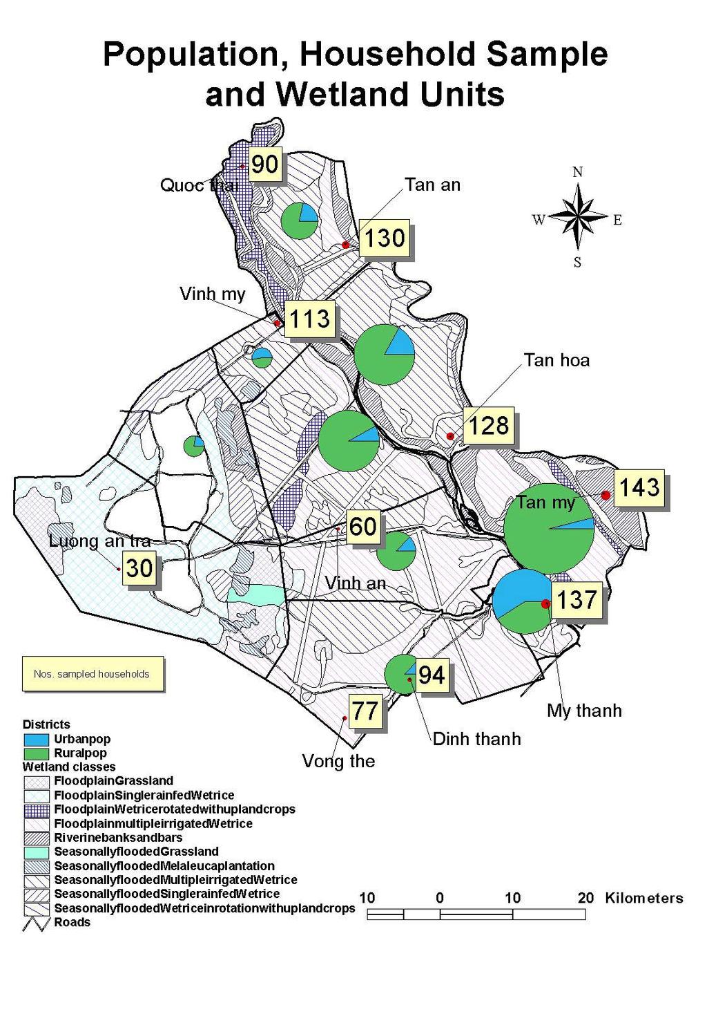 Map 2-2 Population, household sample and wetlands units Within the 58 sub-communes, households