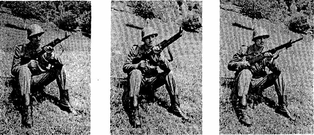 If the sitting position is assumed on the slope, the rifleman sits on the ground and turns the body one-half turn relative to the target, resting firmly on his heels.