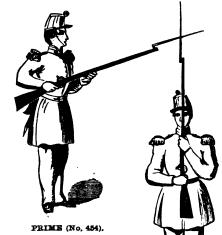 One Motion 9. PRIME a. Sustain the piece with the left hand (half-cock the piece), brush off the old cap, and with the thumb and first two fingers. b. Take a cap from the pouch, place it firmly on the cone, pushing it down with the thumb.