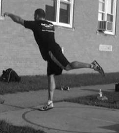 (Remind the thrower not to drift back; instead keep the CM (center of mass) behind the hips and eyes, focused back.