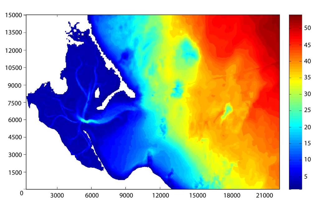 Figure 2. Nested model (from domain shown in Figure 1) of region local to Duxbury beach with a resolution of 30 m.