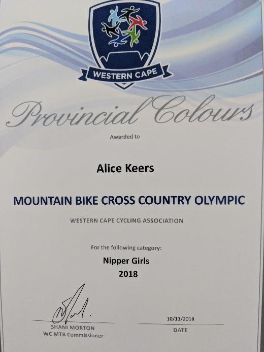 MOUNTAIN BIKING Alice Keers was awarded Provincial