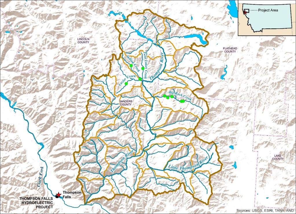 Figure 5-1: Thompson River drainage and the locations of the reaches (green dots) in Big Rock Creek, Lazier Creek, Indian Creek, and Twin Lakes Creek electrofished in 2013.