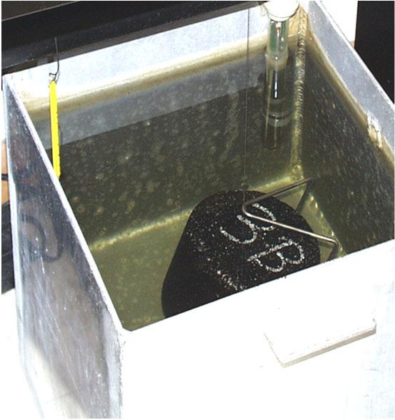 Weight in water. Place sample in holder in 77 + 2 o F water bath for 4 ± 1 minutes. Record weight.
