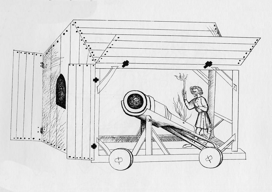 Ca 1405: Bombard A wheeled bombard is located in a wooden hut with a swingup side gate.