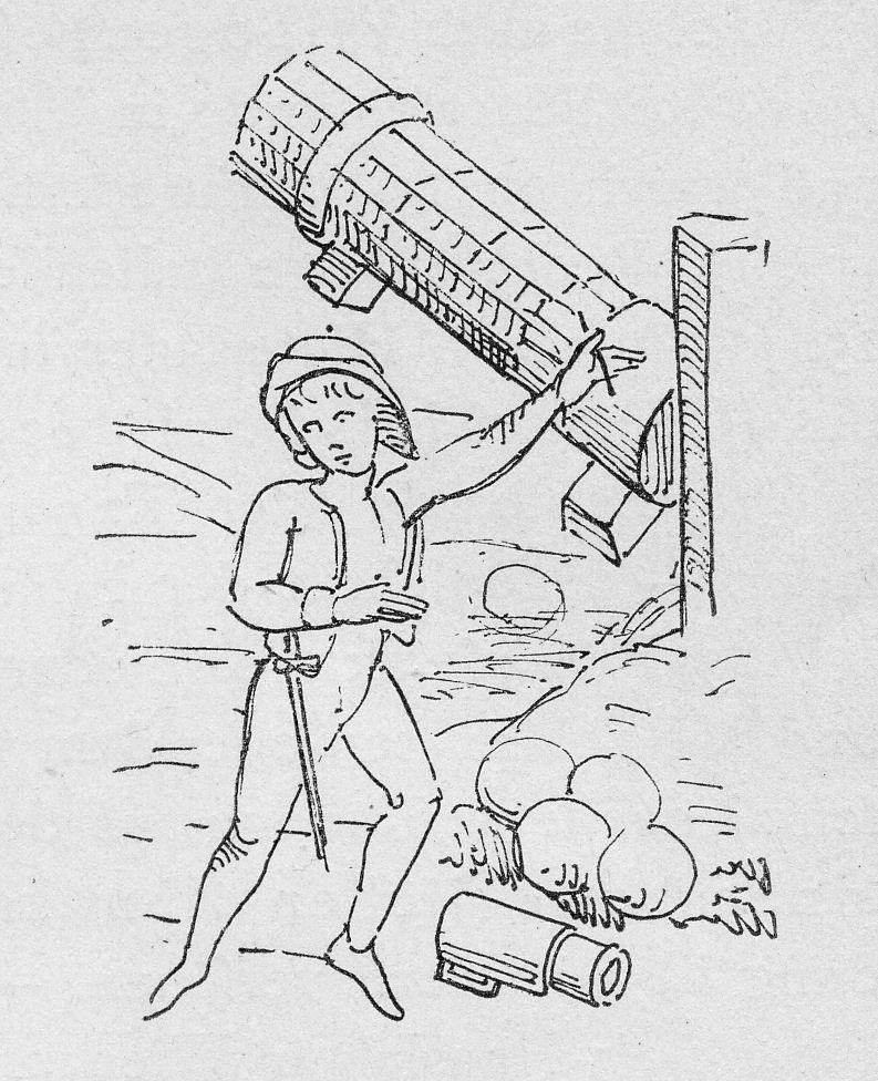 Ca. 1450: Simple Bombard Mortars laying on wooden beams have been used to destroy the fortification