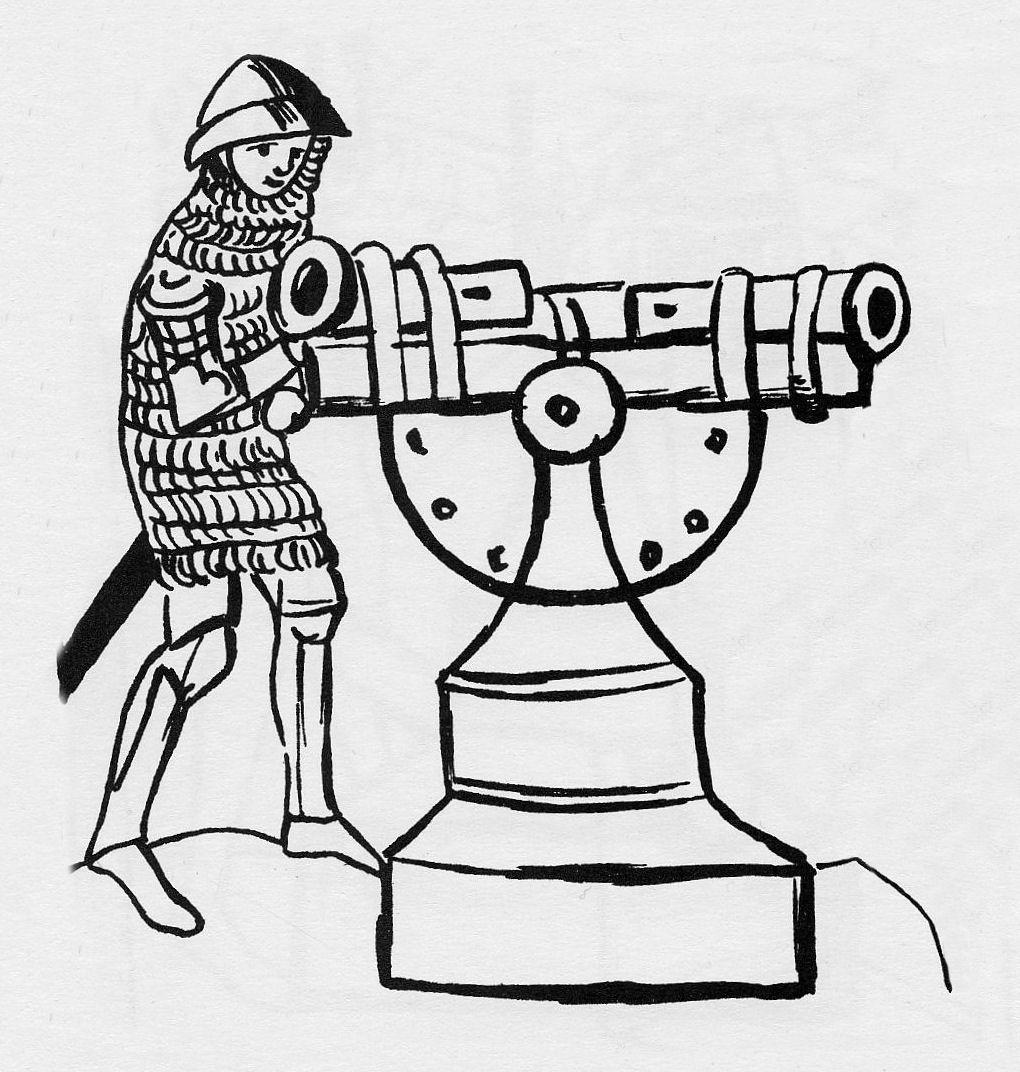 Ca. 1390: Dual Barrel Cannon Two barrels are mounted back to back onto a wooden mount.