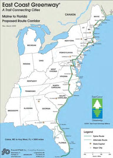 East Coast Greenway Overview: 3,000 mile long spine that links urban areas together from Maine to Key West, FL Accompanied by 2,000 miles of complementary routes Currently, 30% of entire length is