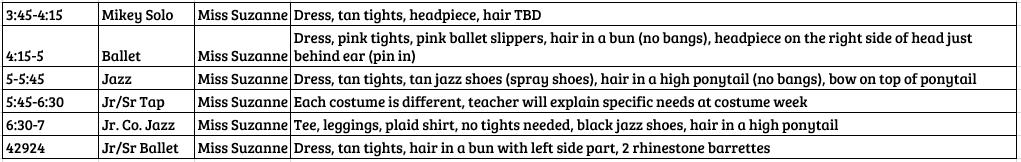 Handout 1 Accessory List 2018 TUESDAY MISS SUZANNE 1. All students are to wear their hair up unless otherwise noted by their teacher 2.