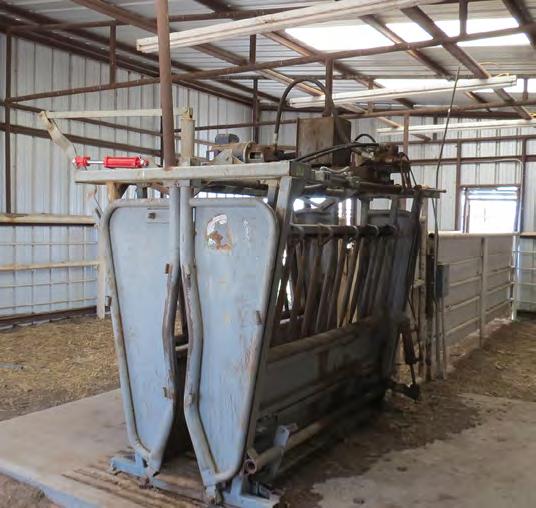 A covered working shed with hydraulic squeeze chute, attached pipe pens and loading