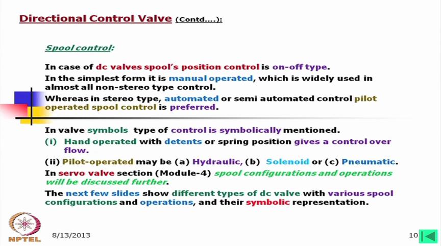 (Refer Slide Time: 24:47) Now we will look into the spool control. In case of dc valves spools position control is on-off type. Once we mean that direction control valve means it is on and off type.