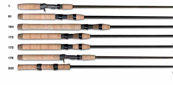 All lightweight, durable Fuji Alconite guides stacked forward to protect the line during extreme rod flex. Fuji blank-thru-handle triggered reel seats are on the casting rods.
