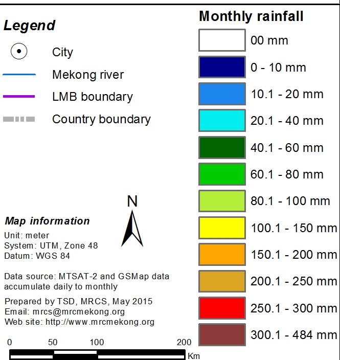 Monthly Accumulated Rainfall Distribution over MB May: 0-150 mm (2014) : 0-60 mm (2015)