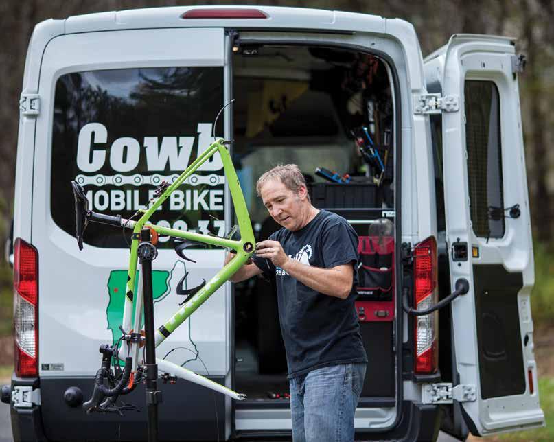 BUSINESS SENSE By Justine Kohr Friendly expert care at your doorstep Cowbell Mobile Bike Shop Top: Sometimes, if the sun is shining, Todd will work outside on a bike.