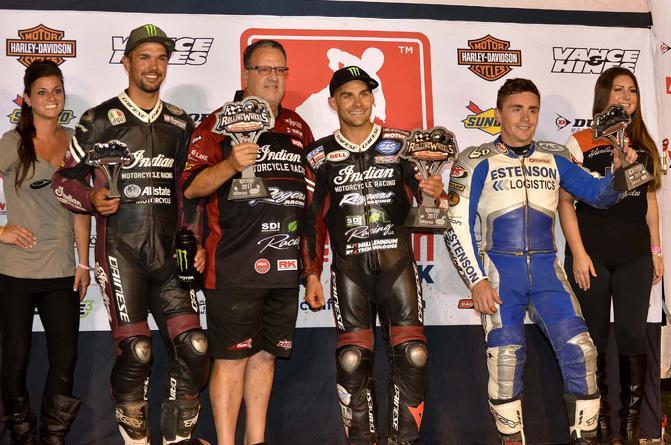 ROUND 10 / JULY 8, 2017 ROLLING WHEELS RACEWAY PARK / ELBRIDGE, NEW YORK FLAT TRACK 2017 AMERICAN FLAT TRACK CHAMPIONSHIP P108 (Left to right) Baker, Mees and Halbert celebrate on the Twins podium.