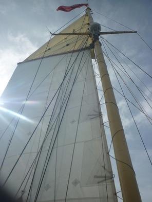 Eventually, the dolphin went away and we continued to hoist our sails till eventually all the sails apart from a Jib Top were hoisted so we could sail at a leisurely 5 knots.