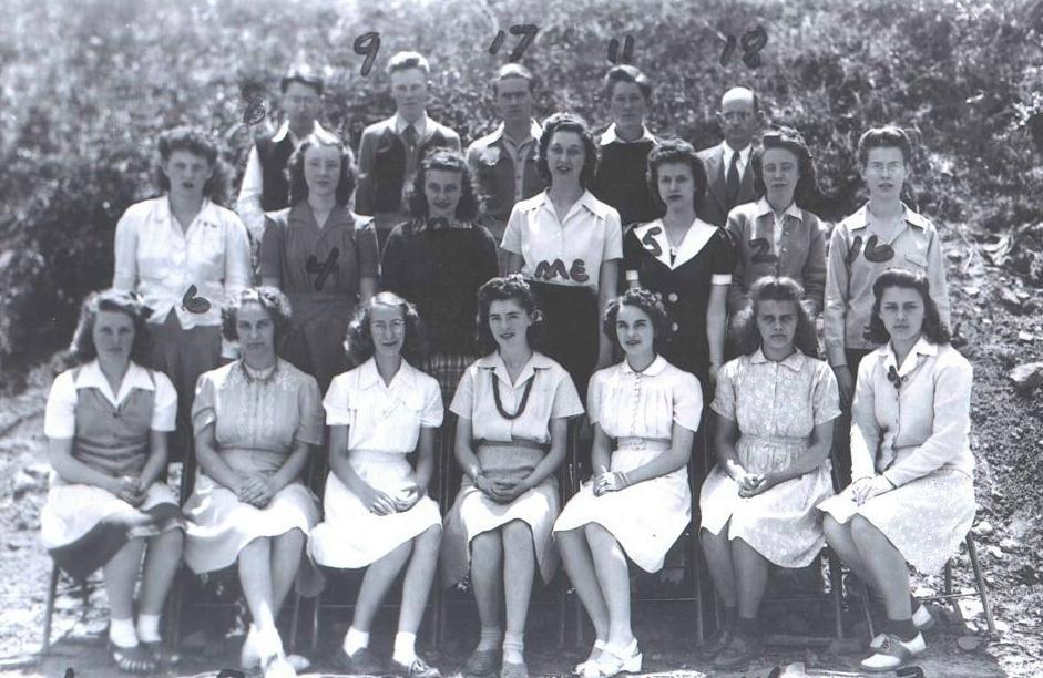 Class of 1943 Front Row: Faye Newman Brooks, Thelma Bussard, Bobbie Neal, Wanda Newman, Margaret Beverage, Bonnie Slaven, Lula Hiner; Middle Row: Christine Chestnut, Reba Carpenter,