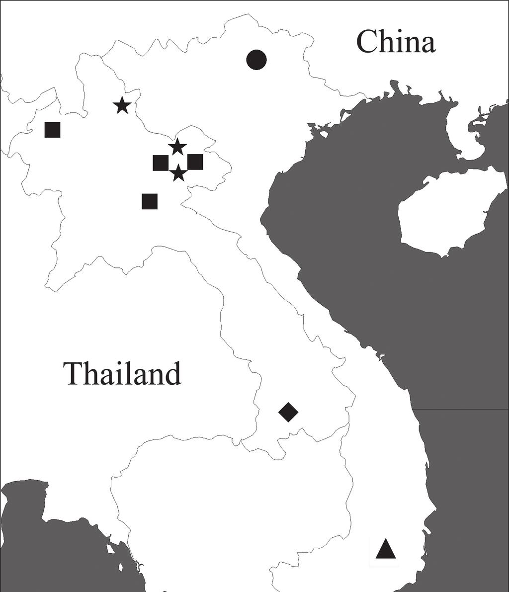 Definition and review of the lancangjiang species group of the termitophilous... 85 Figure 1. Distribution of the lancangjiang species group. O. lancangjiang Tian & Deuve O. macrophthalmus sp. n. O. carinatus sp.
