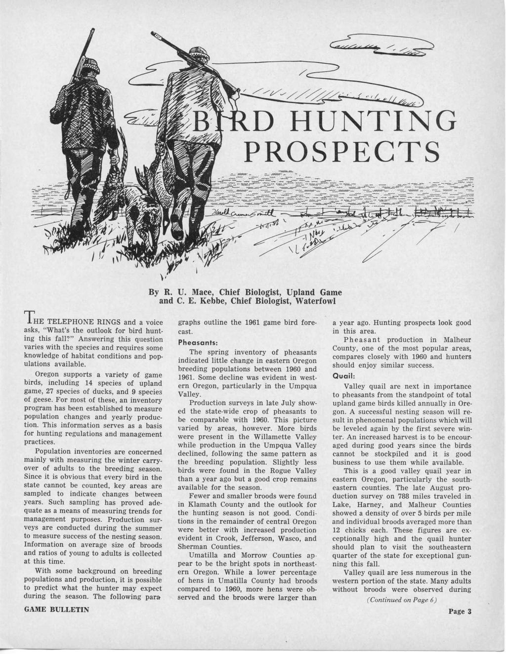 ,, D HUNTING PROSPECTS By R. U. Mace, Chief Biologist, Upland Game and C. E. Kebbe, Chief Biologist, Waterfowl THE TELEPHONE RINGS and a voice asks, "What's the outlook for bird hunting this fall?