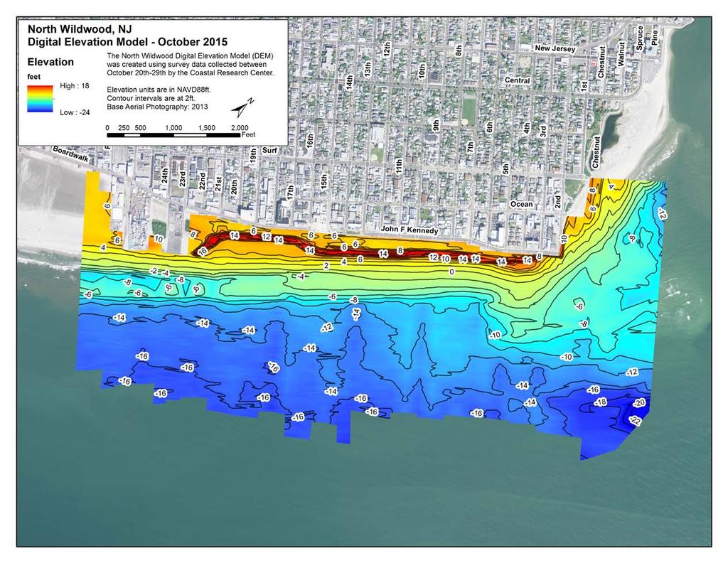 Figure 4. A digital elevation model for the North Wildwood City Shoreline. The higher elevations are colored red/orange and outline the dune and recreational beach regions.