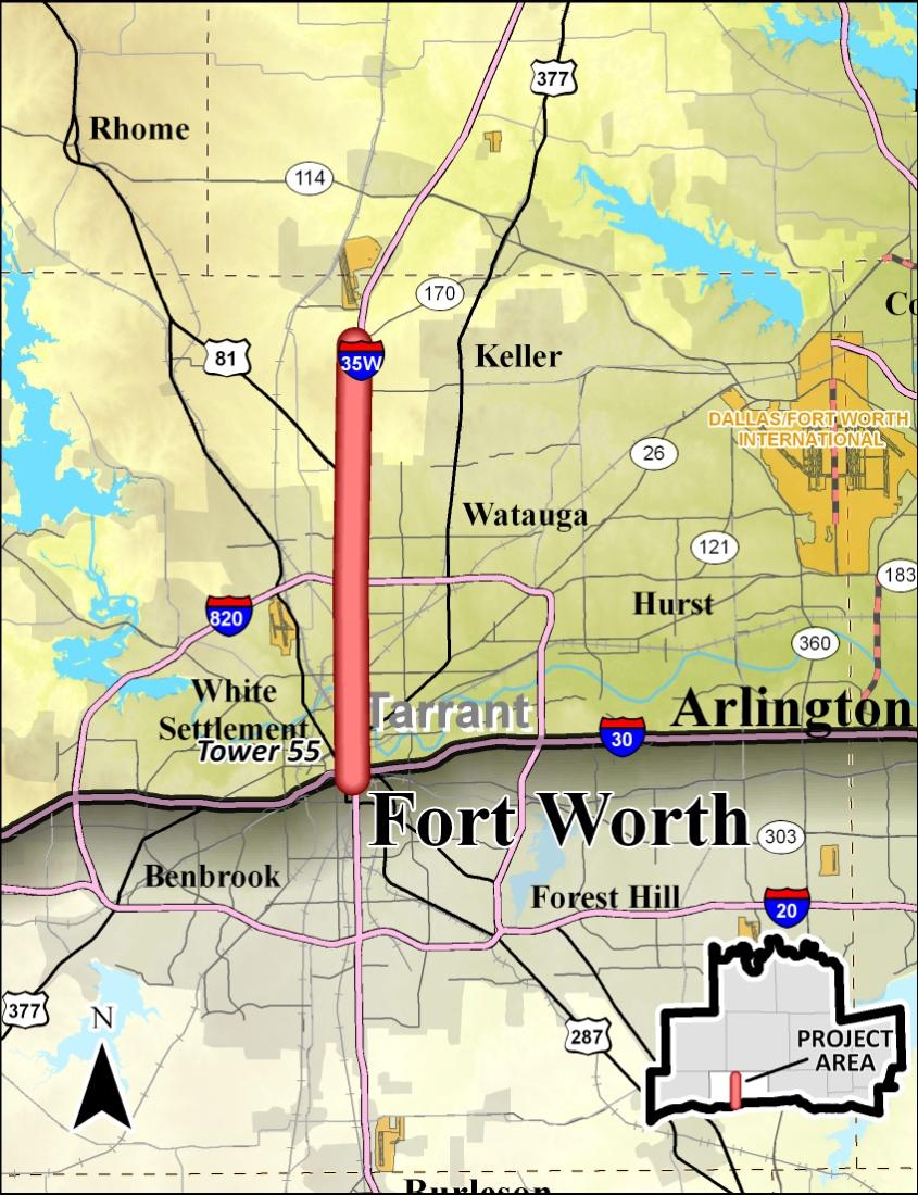 Proposed Project I 35W from I 30 to SH 170 The existing I 35W facility is eight lanes from I 30 to State Highway (SH) 121, six lanes from SH 121 to SH 183, four lanes from SH 183 to Basswood Blvd.