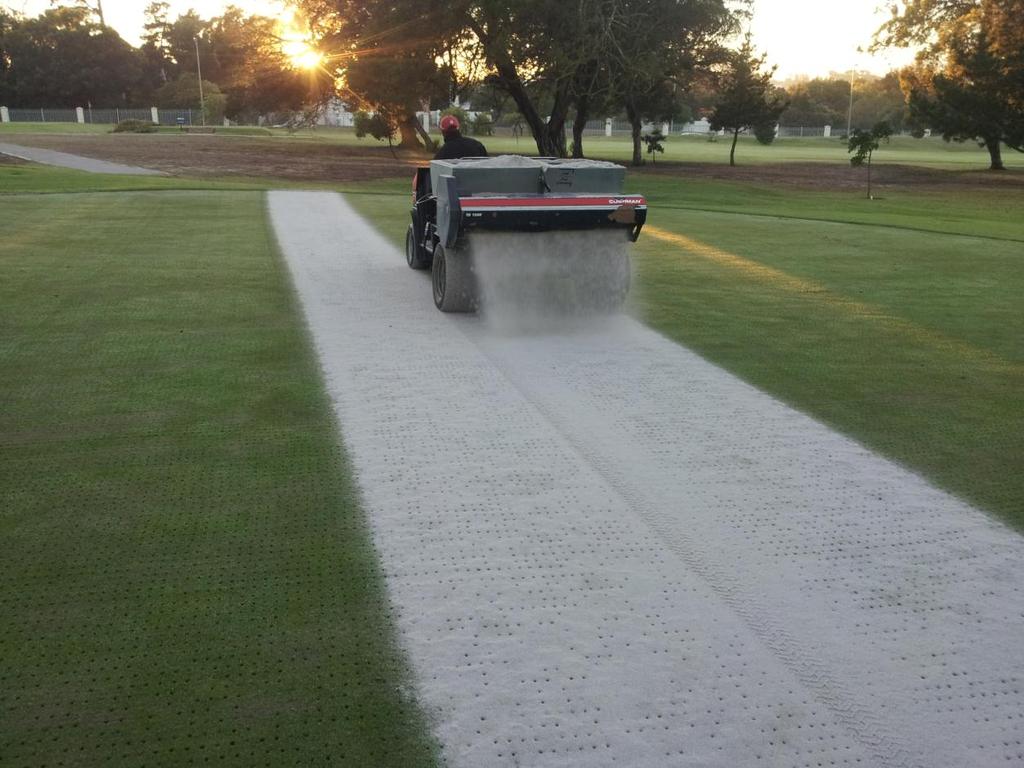 Thirdly we top dressed the greens using a sand called Mill feed, to cover the green and to fill all the holes left behind by the hollow tinning machine.