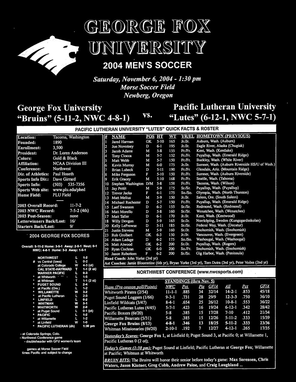 PACIFIC LUTHERAN UNIVERSITY "LUTES" QUICK FACTS & ROSTER -7-7-5- (th) none 6/ 9 GEORGE FOX SCORES Overall: 5-- Home: -5- Away: -5- Neut: - NWC: ~ - Home: - Away: -5-9// NORTHWEST L - 9// # vs Central