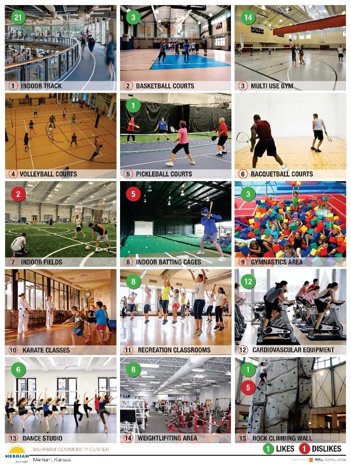 Community Center Image Preferences Likes Indoor Track 21 Multi-Use Gym -14 Cardiovascular Equipment 12 Recreation Classrooms - 8 Weightlifting Area 8 Dance Studio 6 Basketball Courts 3