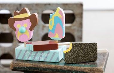 wooden ice creams, a wooden stand and 3