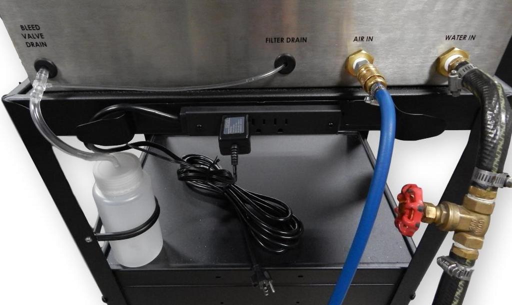 Water, Air and Power Connections Connect Air Line Here (3/8 NPT)* 90 PSI Air Supply Required No lubrication is required, and should be avoided Plug gauge AC adapter into power strip Connect Water
