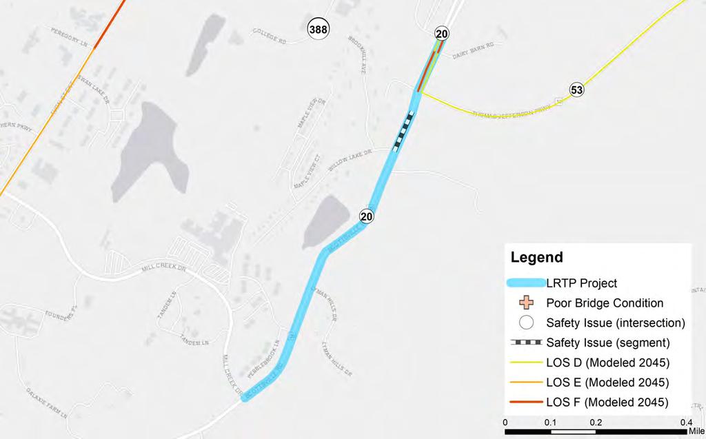 R7: Route 20 Multimodal Project Source: Albemarle Need: Addresses safety connectivity needs Description: Make upgrades that improve safety, traffic flow, multimodal infrastructure on Route 20 from