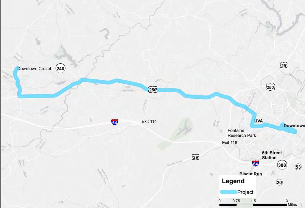 T2: Crozet Commuter Bus Project Source: LRTP 2040 Need: Transit accessibility forecasted roadway congestion on US250 I64 Description: Create a commuter bus service route from Downtown