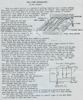 The above article was written in the SMA Newsletter of May 1977 and shows the electrical lighting installed in a solid hull pirate ship model.