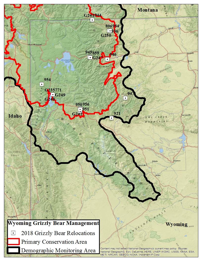 Figure 2. Release locations (n = 23) for grizzly bears captured and relocated in conflict management efforts 2018.