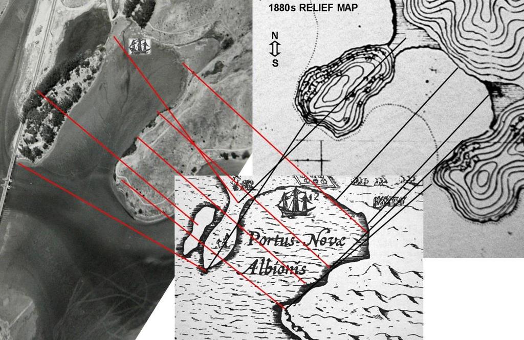 The first obvious problem with comparing the Portus Plan map to the Drakes Estero site is that there is an assumption that the Drake map is upside down (showing up as south).