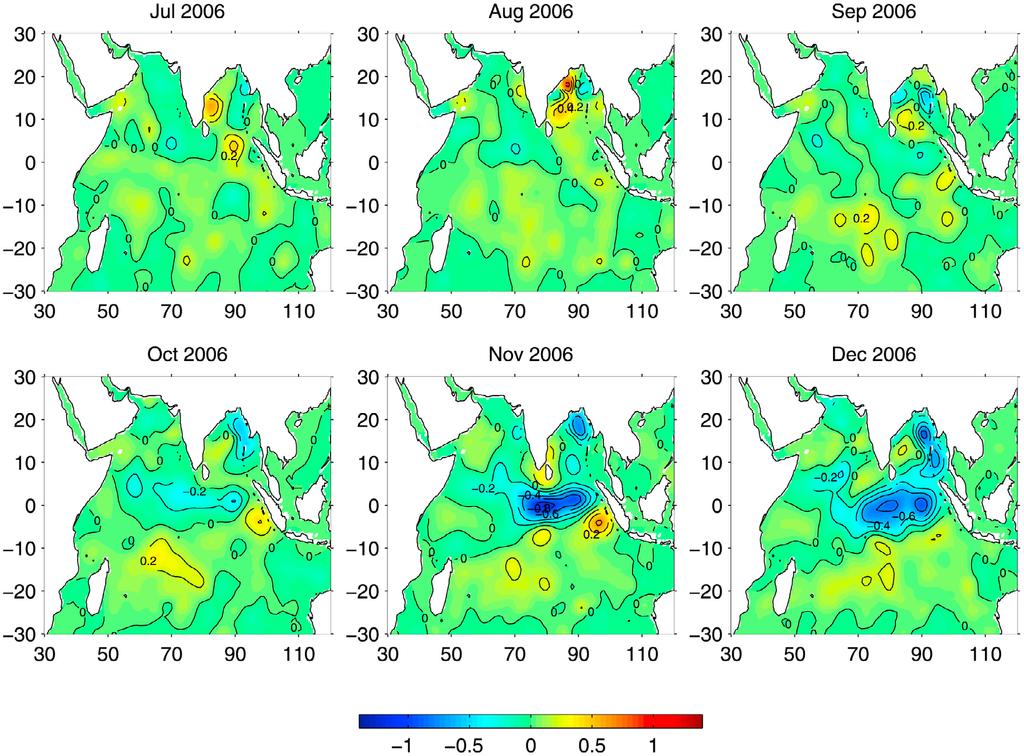 Figure 4. Monthly variation of the Argo sea surface salinity anomalies from July to December 2006 for a case of a positive IOD 2006 event with the co occurrence of an El Niño event (see Table 1).