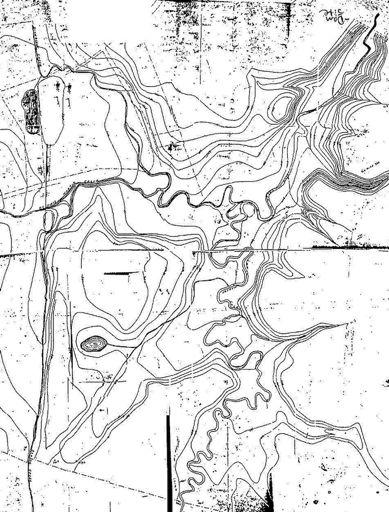 Pre-dam survey map (late 1800 s) showing the topography and creeks upstream of the proposed dam site (upper right) that occurs in the deep gorge