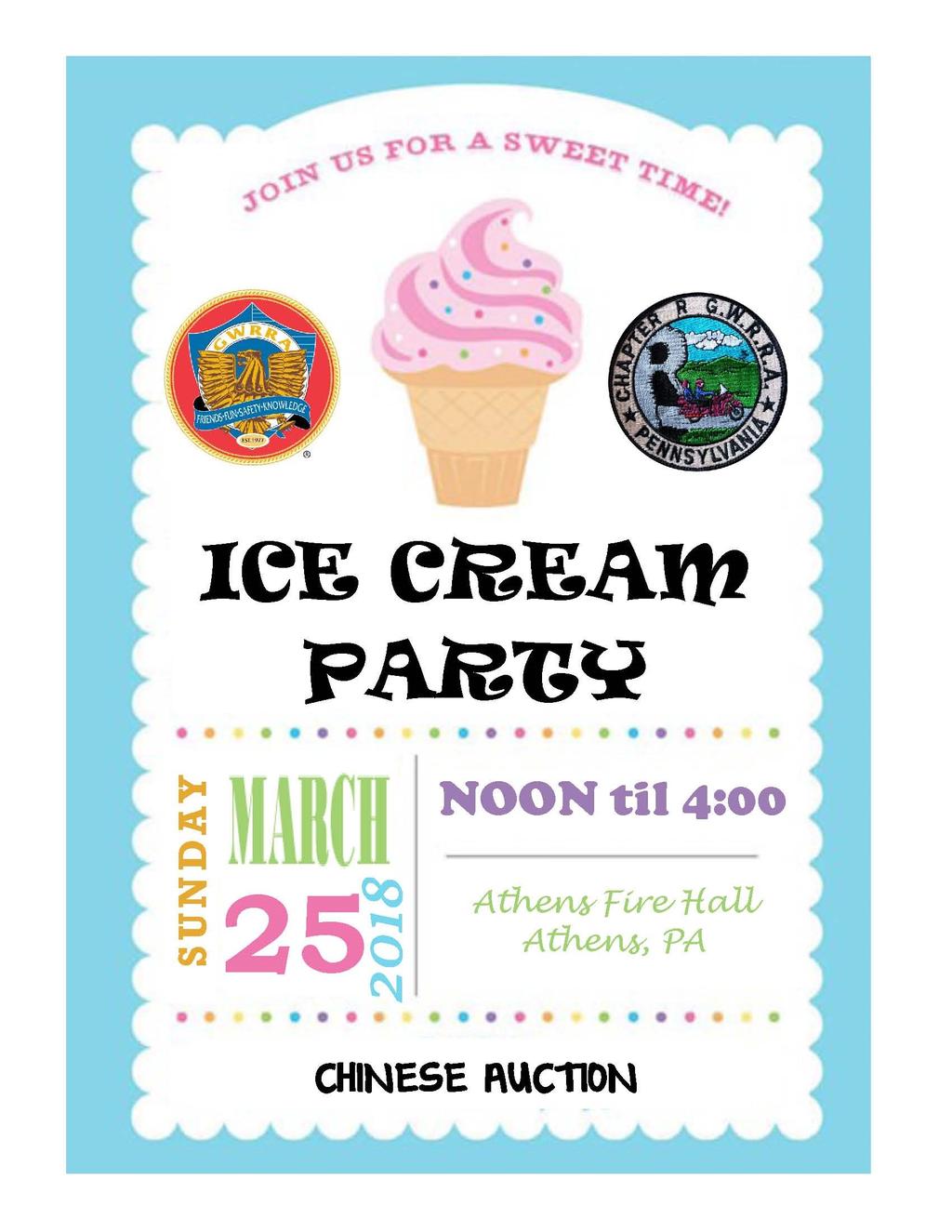 Get Out Your Ice Cream Makers! Chapter "R" is planning a home made ice cream party for March 25,2018 at the Athens Fire Hall. Also planning to have a Chinese Auction to have a little FUN!