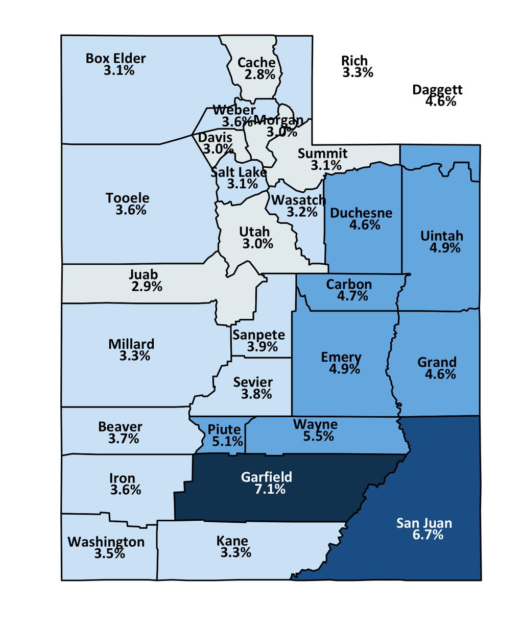 Utah Unemployment Rates By County September 2018 State Rate = 3.2% 7.0% + 6.0% to 6.