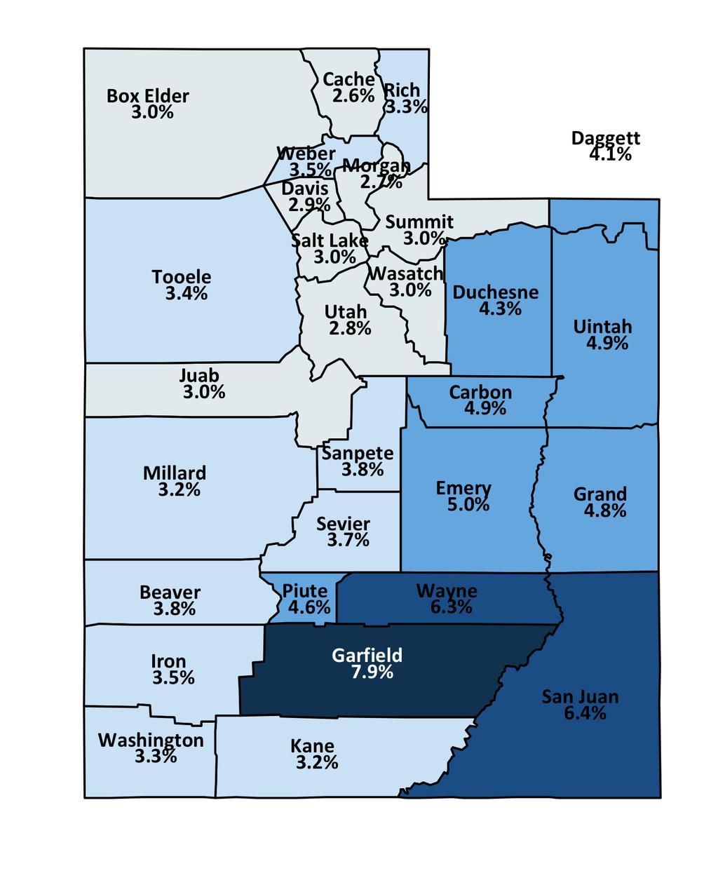 Utah Unemployment Rates By County February 2018 State Rate = 3.1% 7.0% + 6.0% to 6.
