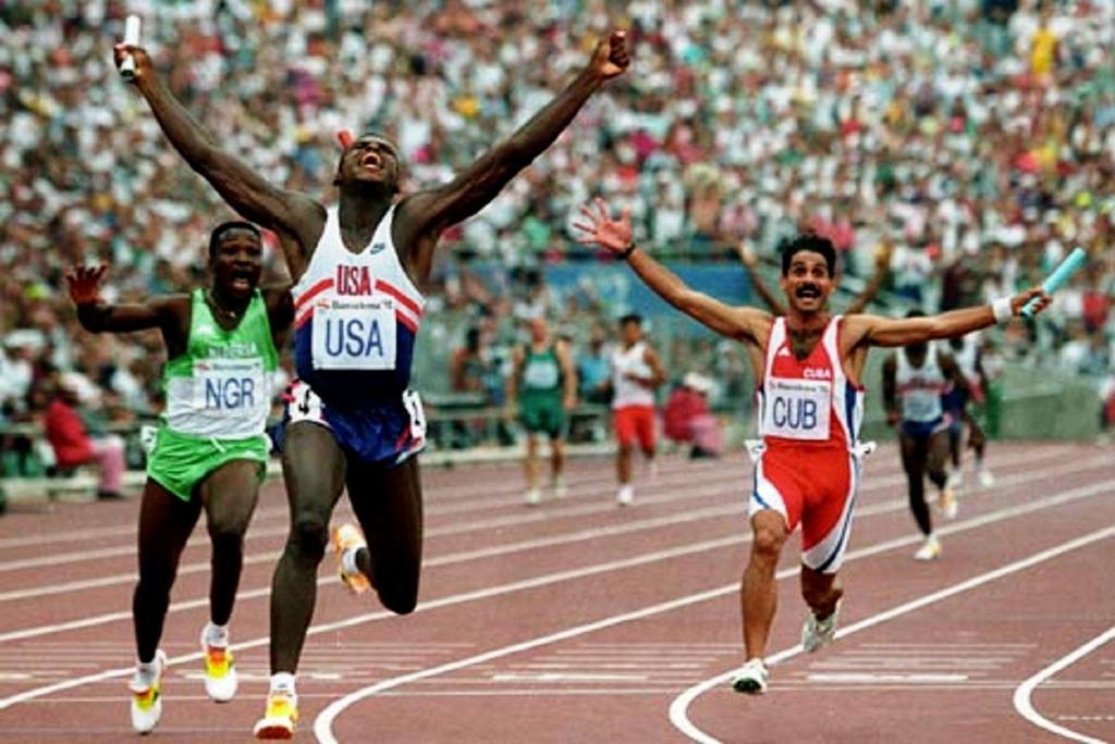 Lewis anchoring the USA team to 4x100m Gold at the Barcelona Olympics (1992).