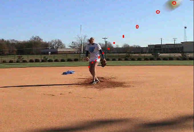Picture and Clip 3: Sarah s high riseball (as seen from a camera mounted in the position of the head of a RH hitter). Pretty convincing, huh? This is why people think it rises.