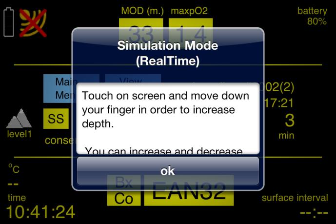 After selecting a time acceleration, an explanation message will appear (Figure 18.2). Click ok and then you will be able to increase depth sliding your finger down on screen.
