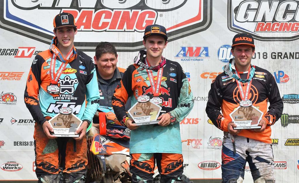 ROUND 6 / MAY 13, 2018 X-FACTOR WHITETAILS HUNTING RANCH / PERU, INDIANA OFF-ROAD AMSOIL GRAND NATIONAL CROSS COUNTRY SERIES P82 Josh Toth (center) won the XC2 250 Pro class ahead of Benjamin Kelley
