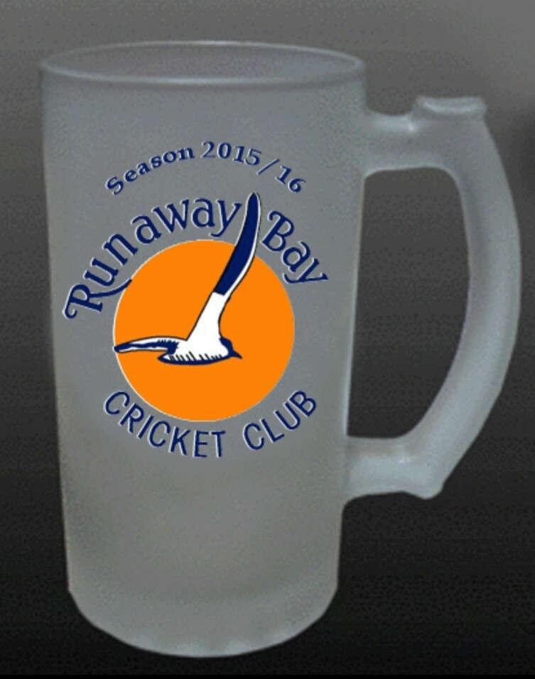 RUNAWAY BAY CRICKET CLUB LIMITED EDITION BEER MUG $20.00 RBCC LOGO ON THE FRONT. YOUR NOMINATED NAME ON THE BACK. PAYMENT REQUIRED UP FRONT. (RRP $35.
