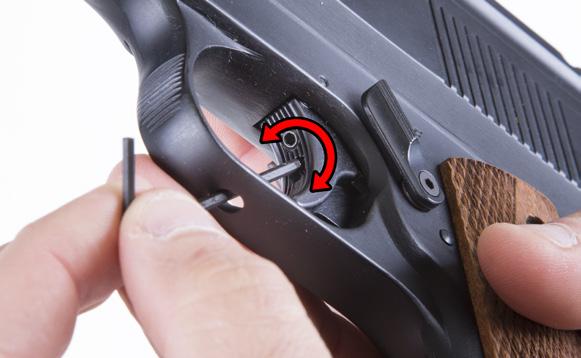 7 TRIGGER ADJUSTMENT P1 and P11: To adjust trigger-pull weight, insert 2mm Allen wrench through access hole in the grip heel until it engages the adjustment screw inside the pistol grip.