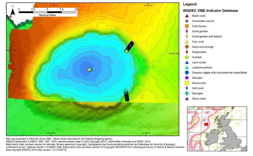 Figure 1.5.1.2.1 Observations of VME indicators on the Hebrides Terrace Seamount. 2) Rosemary Bank Seamount The Rosemary Bank Seamount lies at the north end of the Rockall Trough.