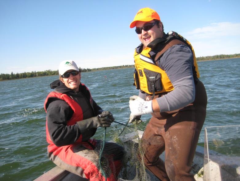 Alberta Conservation Association staff pulling a net on Moose Lake.