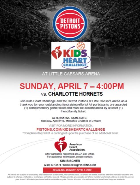 Our Kids Heart Challenge (formerly Jump Rope/Hoops for Heart) Detroit Pistons game night will be on Sunday, April 7th at