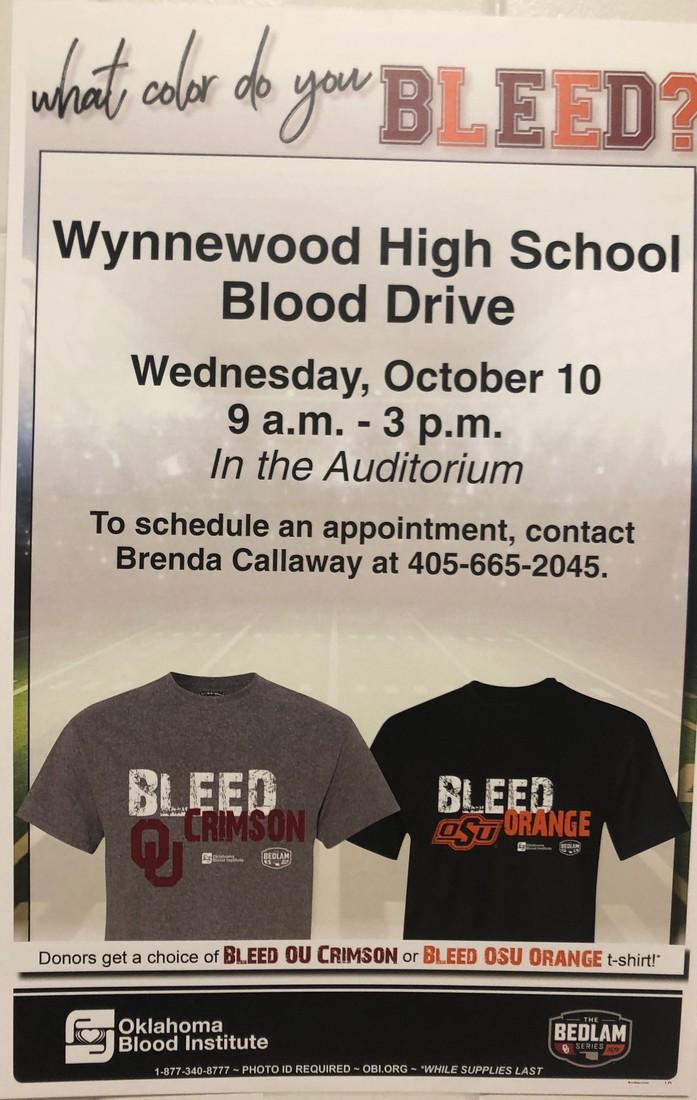 The WHS Student Council will be hosting a Blood Drive on Wednesday, October 10, from 9:00 am until 3:00 pm! Be sure to come out and help save a life! The Drive will be held in the Auditorium!